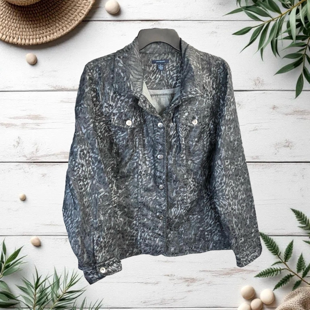Westbound Gray & Black Animal Print Zebra Leopard Button Jean Jacket Women Large